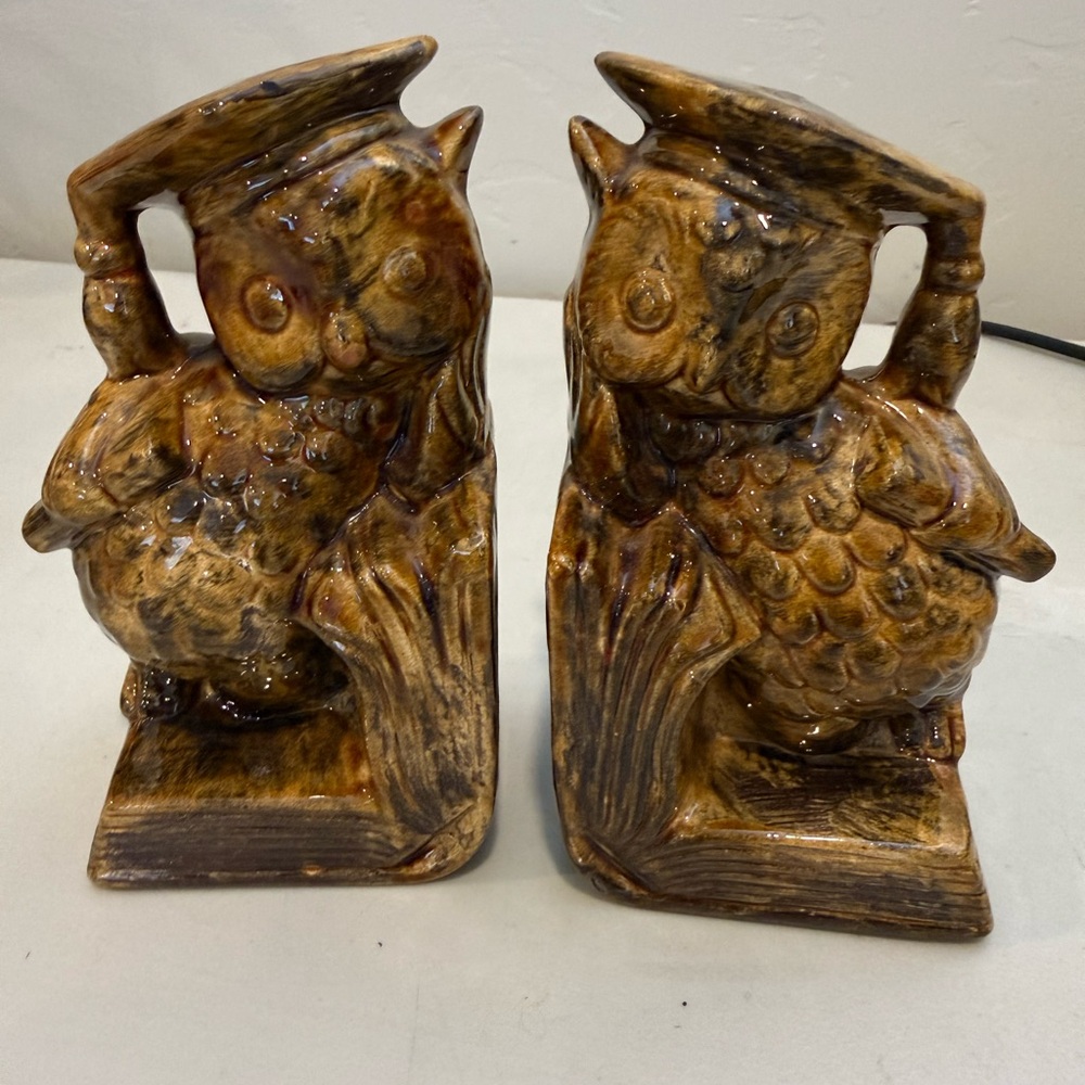 Vintage OWL Ceramic Bookends Lightweight Mustard College Signed Graduation ~6”T